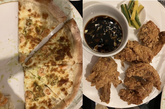 Room service pizza and fried chicken